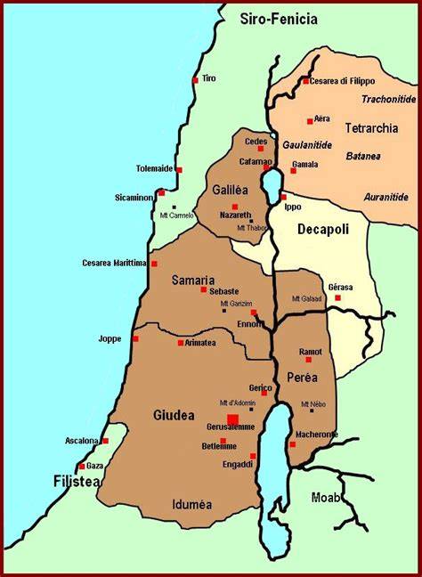 Mappa storica della Palestina del I secolo con indicazione dei luoghi chiave: Nazaret, Betlemme e Gerusalemme.