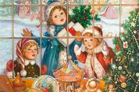 Tematica foto: illustrazione vintage di bambini al Natale, scene di gioia o preparazione di doni.