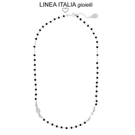 Collana rosario argento 925 rodiato con perline nere e icona Madonna