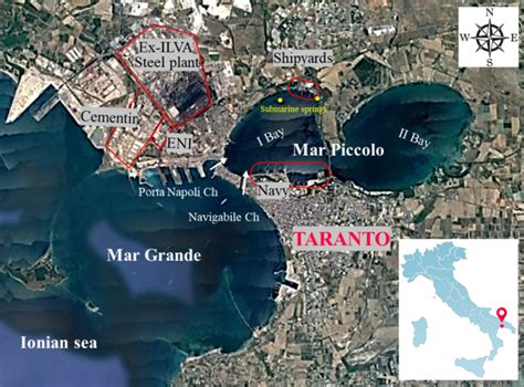 Mappa schematica della geografia di Taranto con Mar Grande, Mar Piccolo e Canale Navigabile