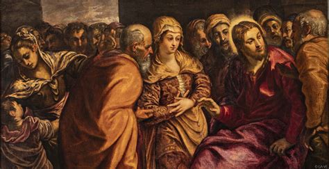 Illustrazione artistica della scena evangelica di Gesù e l'adultera