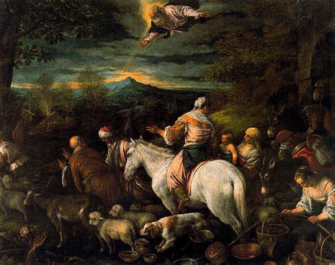 Illustrazione della partenza di Abramo da Ur, con la famiglia e i beni.