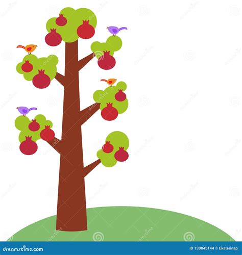 illustrazione di un albero di melograno con frutti maturi e fiori