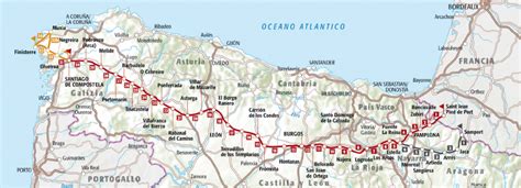 Mappa schematica dei principali percorsi del Cammino di Santiago (Francese, del Nord, Inglese, Finisterre)