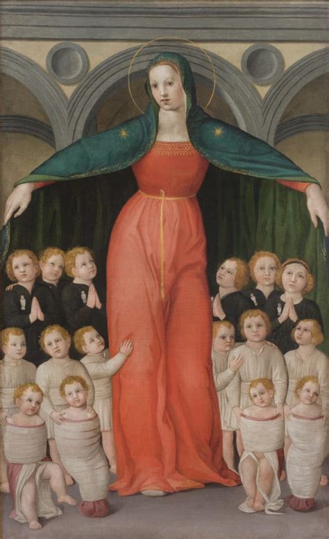 Illustrazione storica che mostra la Madonna della Misericordia che accoglie i fedeli sotto il suo grande mantello aperto