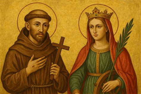 Ritratto artistico di San Francesco d'Assisi e Santa Caterina da Siena, simboli di pace e spiritualità italiana