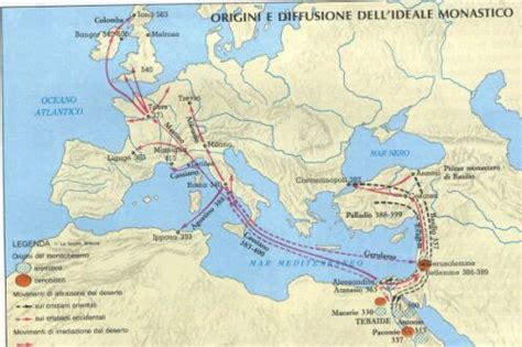 Mappa della diffusione del monachesimo dall'Egitto e Siria all'Occidente e Oriente