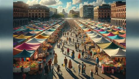 Illustrazione di un vivace mercato in una piazza storica con bancarelle e persone che passeggiano, con edifici tradizionali sullo sfondo.