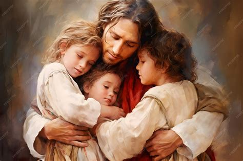 Dipinto raffigurante Gesù che accoglie i bambini, con un'atmosfera serena e luminosa.