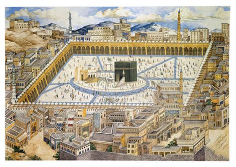 Una mappa stilizzata che mostra la direzione della Qibla verso la Mecca da diverse parti del mondo.