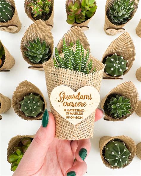 Composizione di mini piante grasse in vasetti decorati come segnaposto