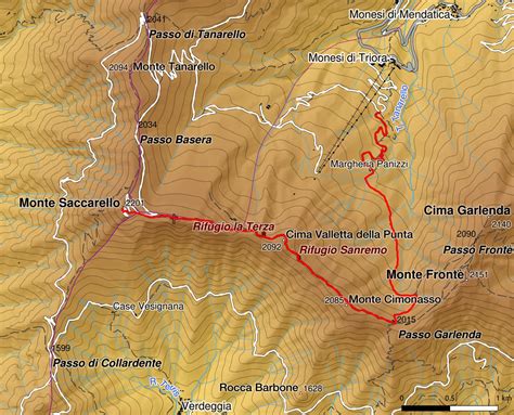 Mappa del massiccio del Monte Saccarello con indicazione della posizione del Rifugio La Terza e dei principali sentieri di accesso