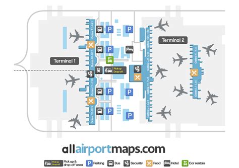 Mappa dell'aeroporto di Tarbes-Lourdes-Pyrénées con indicazione dei terminal e delle vie di accesso.