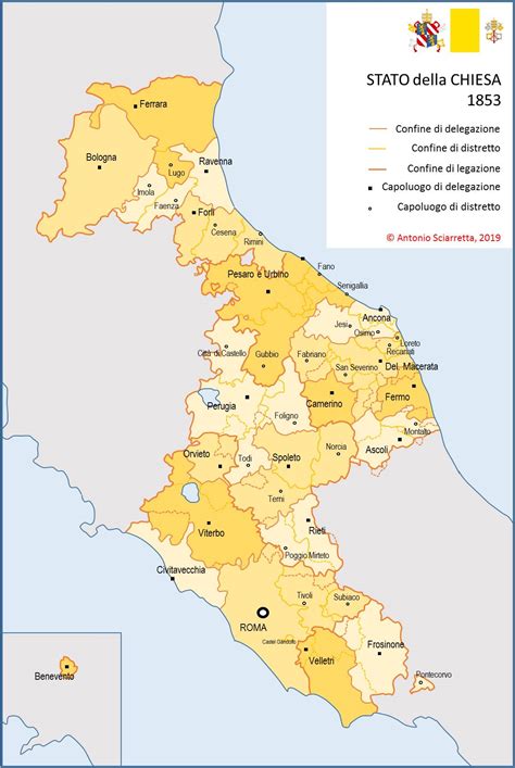 Mappa storica che evidenzia la frammentazione amministrativa dello Stato Pontificio e le aree di influenza dei diversi sistemi di misura