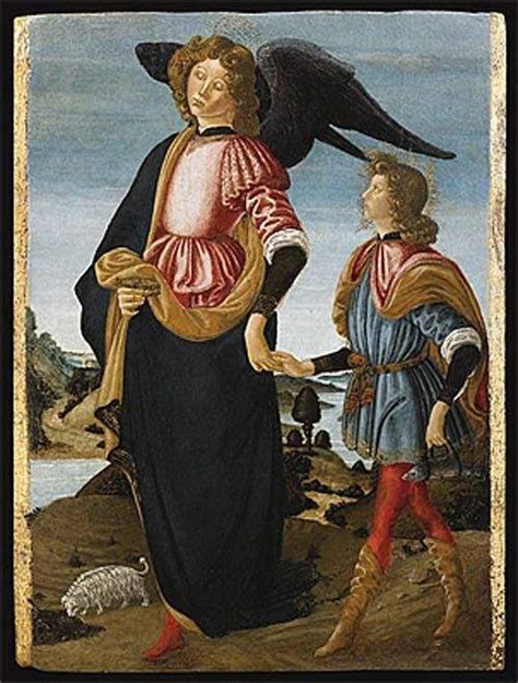 Illustrazione classica dell'Arcangelo Raffaele che accompagna il giovane Tobia durante il viaggio.