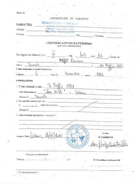 schema riassuntivo validità certificati battesimo e cresima per matrimonio