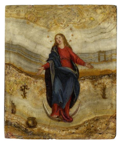Rappresentazione pittorica classica dell'Immacolata Concezione con la falce di luna, la corona di dodici stelle e il serpente ai piedi.