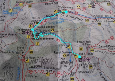 Mappa schematica dei sentieri che collegano la Val Biandino al Rifugio Santa Rita e al Lago di Sasso