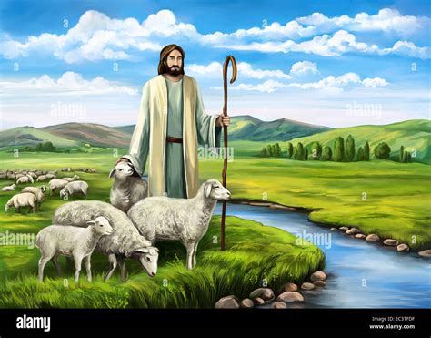 Illustrazione biblica che raffigura il Buon Pastore che guida il gregge in un paesaggio pastorale
