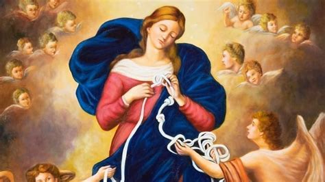 Un'immagine della Vergine Maria che scioglie i nodi, con un'atmosfera serena e luminosa.