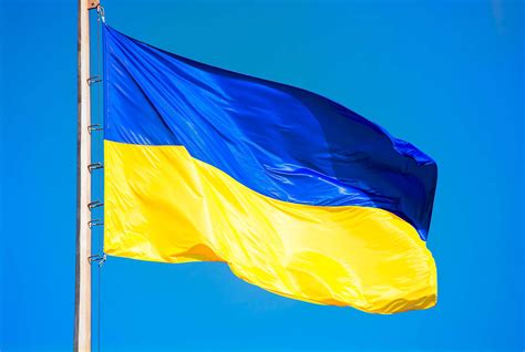 donna ucraina che parla durante la cena di beneficenza con bandiera ucraina sullo sfondo