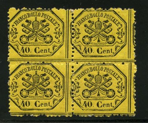Quartina di francobolli dello Stato Pontificio da 40 centesimi Giallo Limone