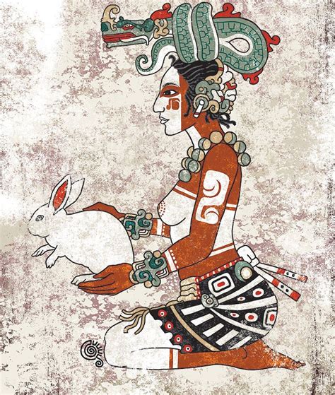 Illustrazione simbolica della Dea IxChel con elementi legati alla luna, all'acqua e alla natura