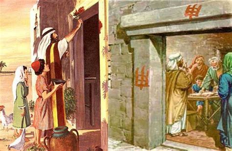 Illustrazione della Pasqua ebraica con il sacrificio dell'agnello e il sangue sugli stipiti delle porte
