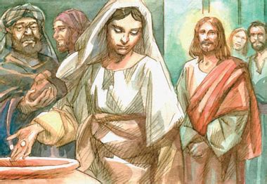 Illustrazione del Vangelo: la povera vedova che getta le sue monete nel tesoro del tempio sotto lo sguardo di Gesù