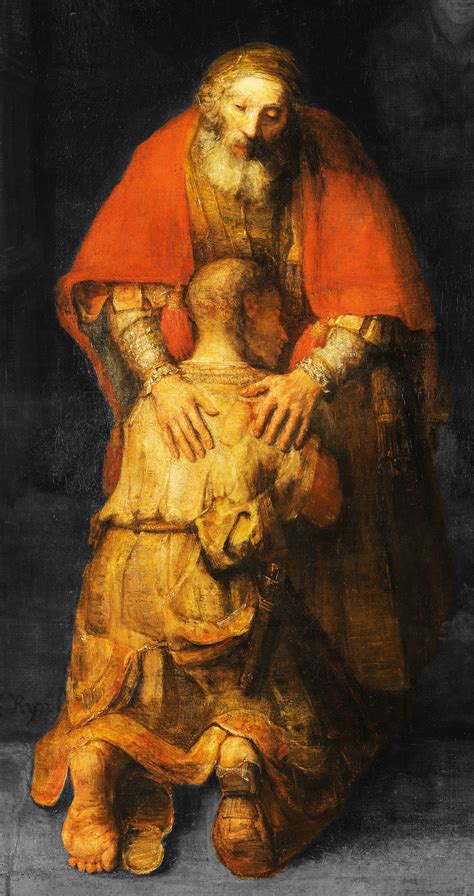 Raffigurazione del Padre che accoglie il figliol prodigo con un abbraccio commosso.