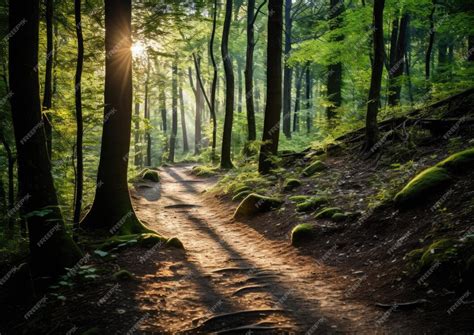 Sentiero boschivo stretto con alberi alti e luce filtrante