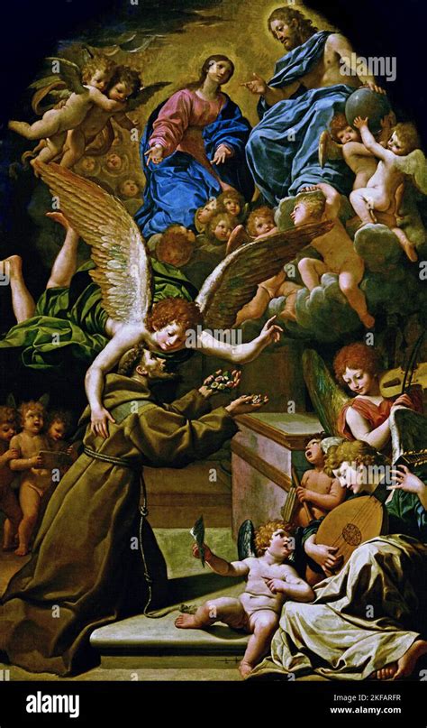 Illustrazione di San Francesco che riceve la visione di Gesù e Maria alla Porziuncola