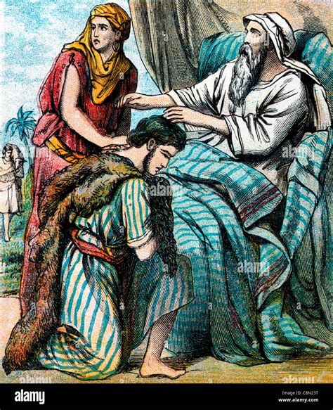 illustrazione biblica di Rebecca che aiuta Giacobbe a vestirsi con le pelli di capretto