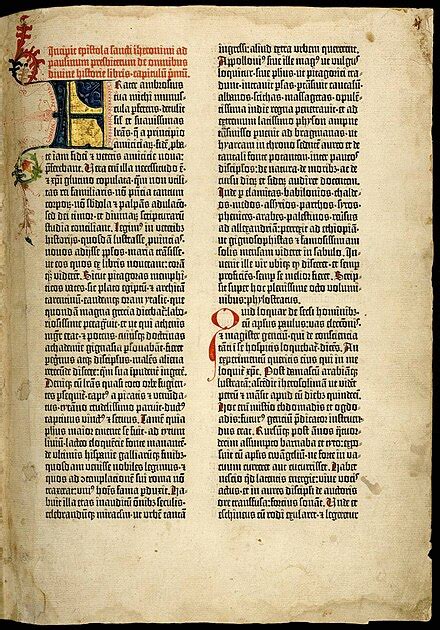 Pagina della Bibbia di Gutenberg con inchiostro e decorazioni iniziali, tipica dello stile gotico