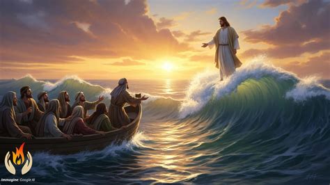 Illustrazione del brano evangelico: Gesù che cammina sulle acque verso la barca dei discepoli in tempesta.
