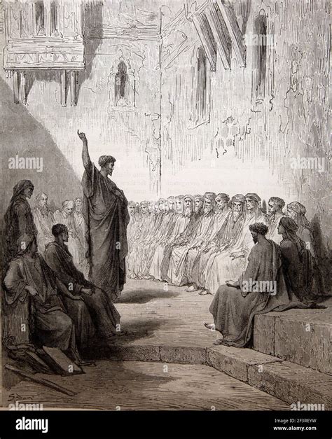 Illustrazione di Paolo che predica in una sinagoga o in un mercato.