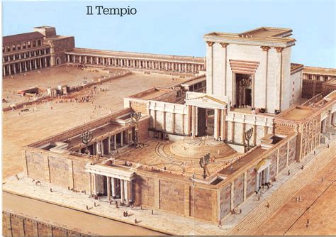 Ricostruzione dettagliata del Tempio di Gerusalemme al tempo di Erode il Grande, mostrando la sua magnificenza architettonica.