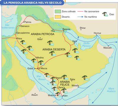 mappa delle rotte commerciali nel VII secolo nella penisola arabica