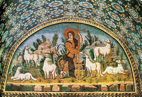 Mosaico del Buon Pastore: dettaglio di Cristo seduto tra le pecore, con la croce-scettro e l'ambientazione rocciosa.