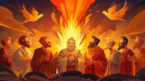 Illustration of the Pentecost event with tongues of fire descending on the Apostles
