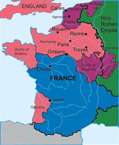 Mappa della Francia nel 1429, con i territori controllati dalla monarchia francese, occupati dall’Inghilterra e dai borgognoni distinti per colore