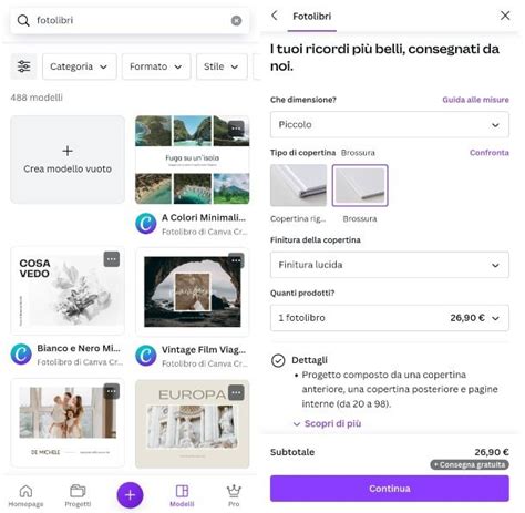 Screenshot dell'interfaccia utente di un software per la creazione di fotolibri, che mostra opzioni di layout e personalizzazione.