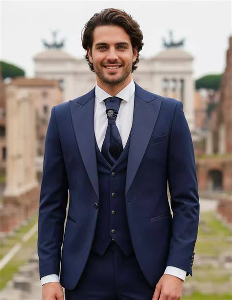 Uomo elegante in completo blu scuro all'interno di una chiesa, seduto con espressione rispettosa