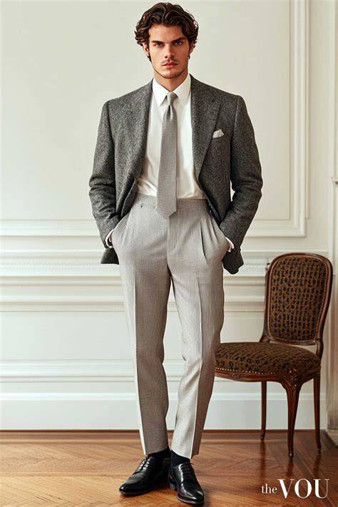 Uomo in completo spezzato elegante, giacca chiara e pantaloni scuri, con camicia e cravatta