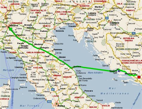 Cartina stradale che mostra il percorso da Spalato e Dubrovnik a Medjugorje
