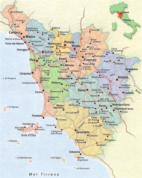 Mappa dettagliata delle diocesi ecclesiastiche in Toscana, con confini e città principali