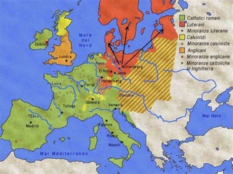 Mappa che mostra la diffusione della Riforma protestante in Germania e le aree influenzate dalla Pace di Augusta