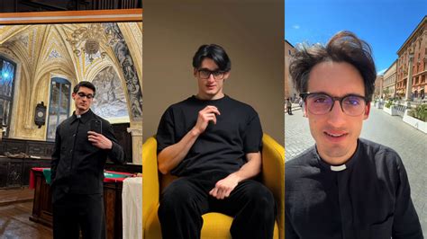 Don Alberto Ravagnani in veste sacerdotale, con un computer o smartphone in mano, simbolo della sua attività online.