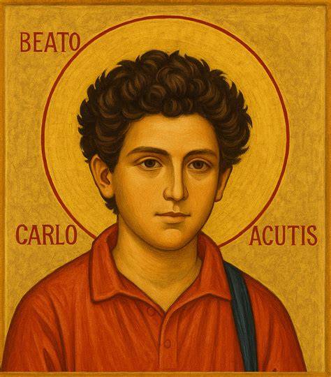 Infografica con la timeline della vita di Carlo Acutis e un'immagine di lui al computer