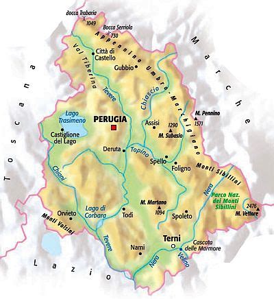 Mappa storica dell'Umbria con evidenziate le aree bonificate e i corsi d'acqua principali.